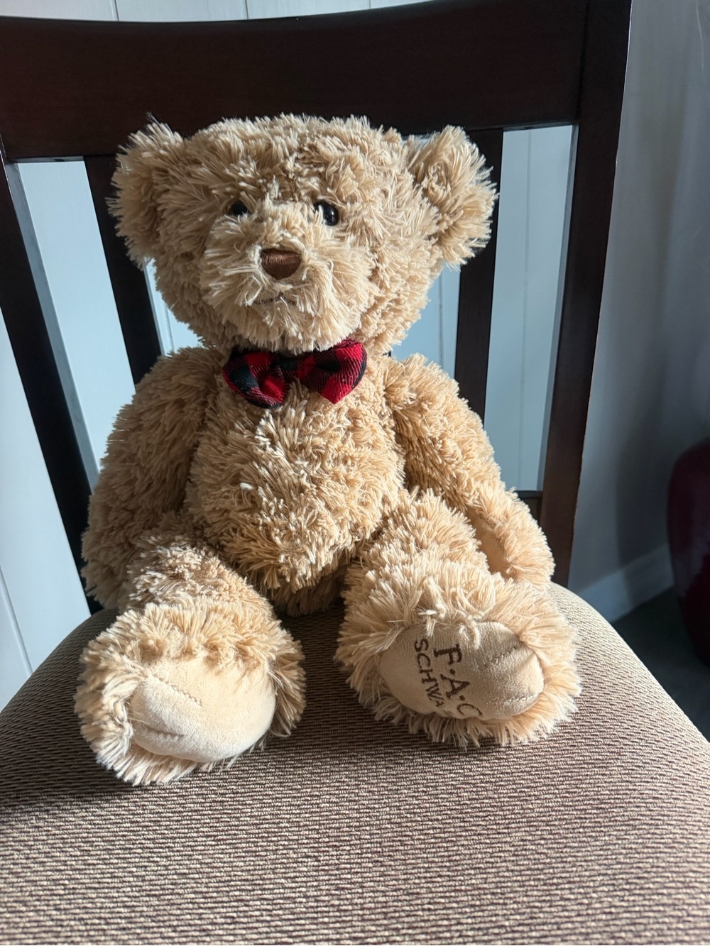 FAO Schwarz Plush Tan Teddy Bear with Red Plaid Bow - Soft Cuddly Stuffed Animal